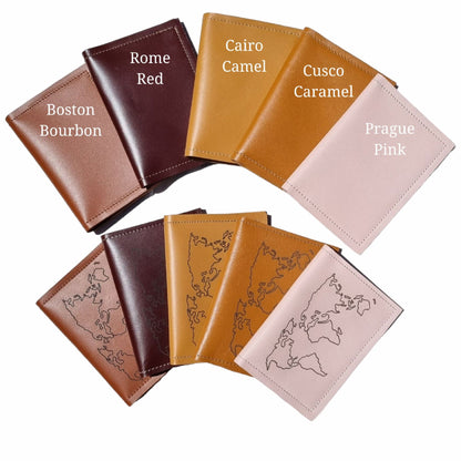 Front view of the leather passport holders and travel wallets, showcasing the different colors available.