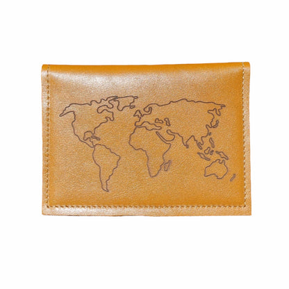 Front view (with engraved world map) of leather passport holder and travel wallet.