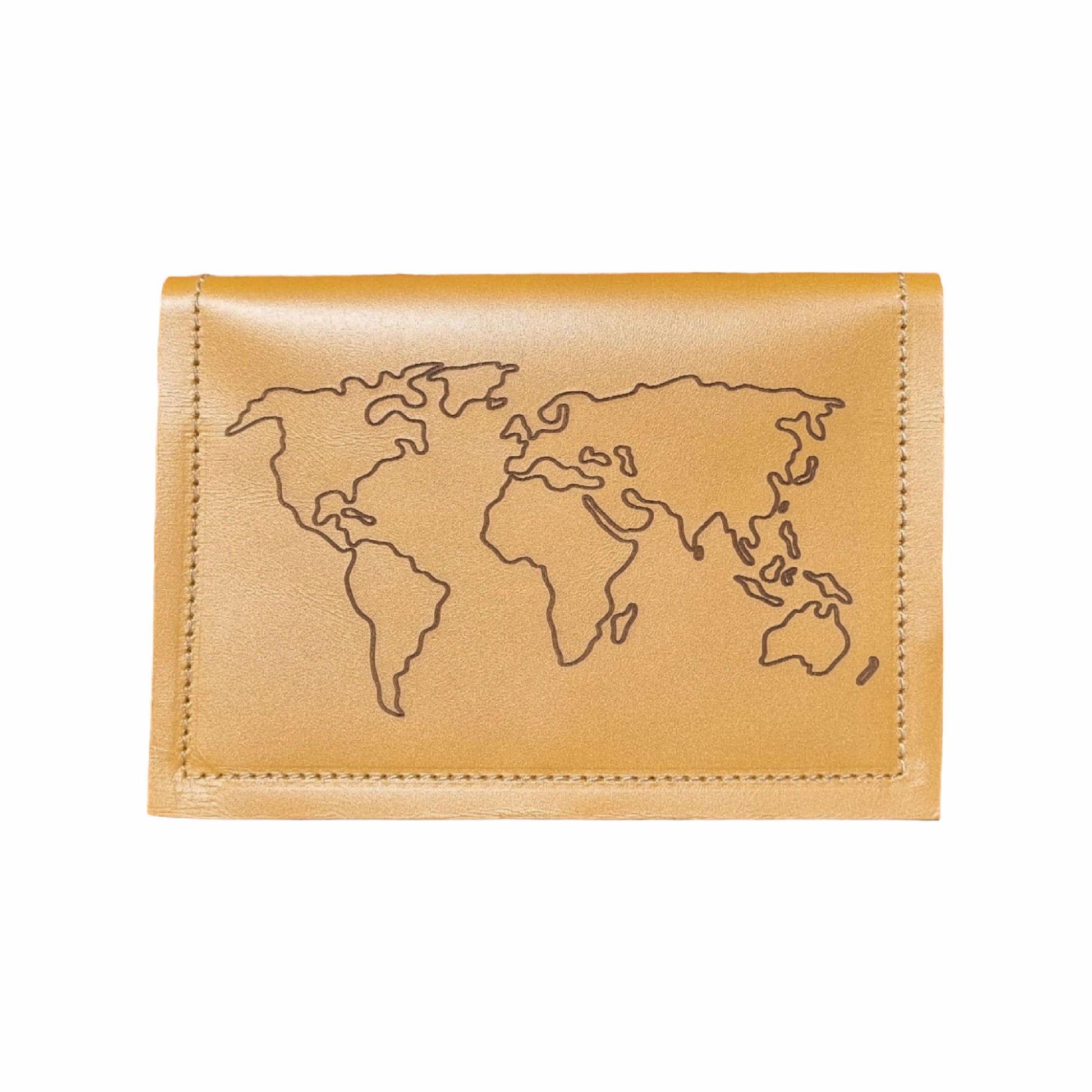 Front view (with engraved world map) of leather passport holder and travel wallet.