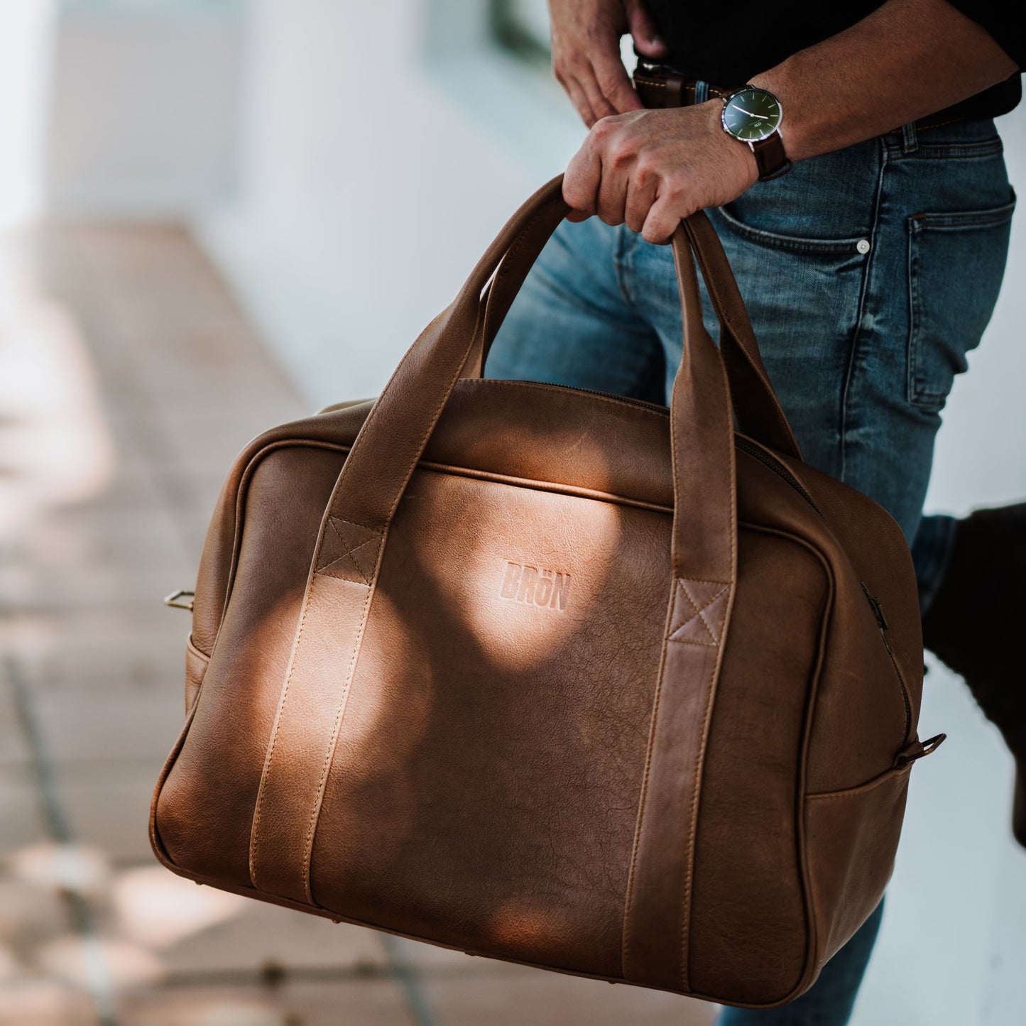 Front view of premium leather travel bag, made from the finest quality leather with added padding. It has an exclusive look and luxurious feel.